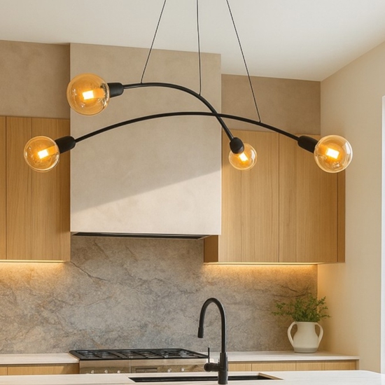 Lampadario per cucina moderna nero 4 luci tubi ad arco